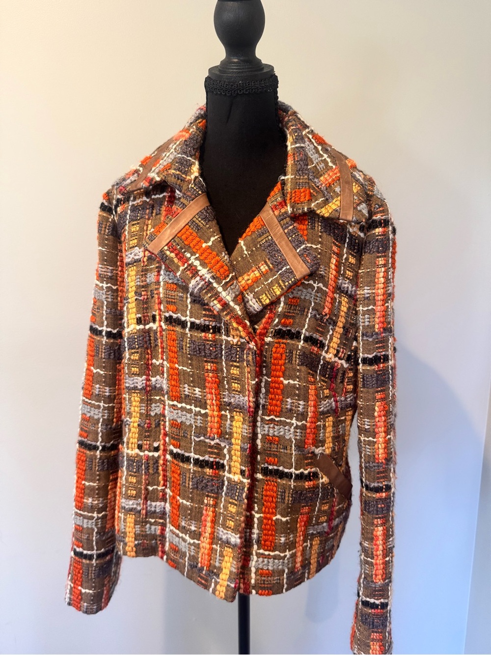 Carlisle Multicolor Bouclé Wool Plaid Jacket in Brown & Orange